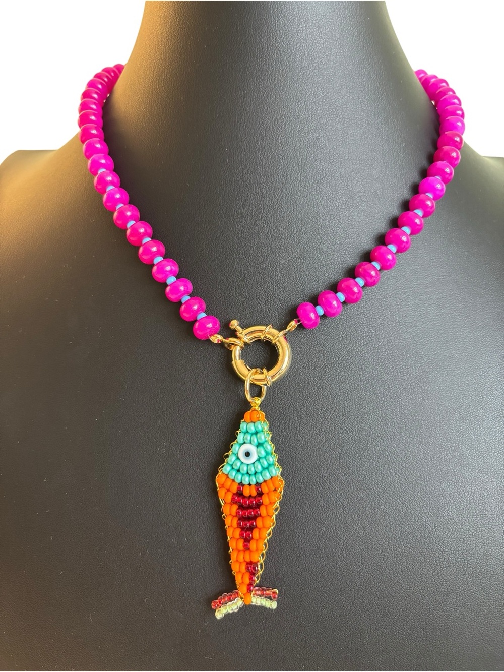Beautiful, Bold Handcrafted Fuchsia & Turquoise Glass Beaded Fish Pendant